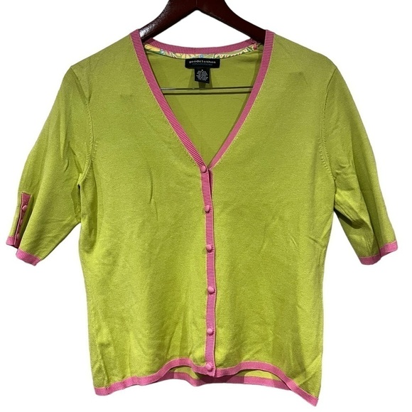 Good Clothes Cardigan 90s Y2K Vintage Silk Blend Green and Pink VNeck Small - Picture 2 of 7